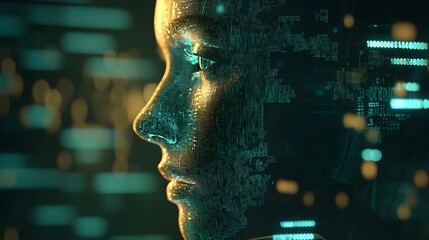 a stylized profile of a female face, seemingly composed of or overlaid with digital code or data. The background is a blurred array of teal and gold digital patterns.