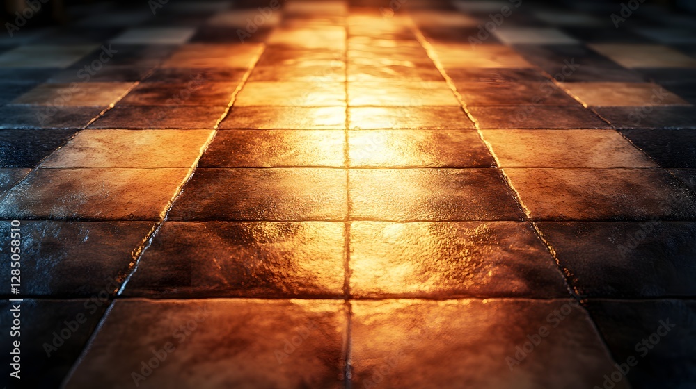 Poster golden light illuminates a checkered tile floor. warm tones create a dramatic effect. illuminated ti