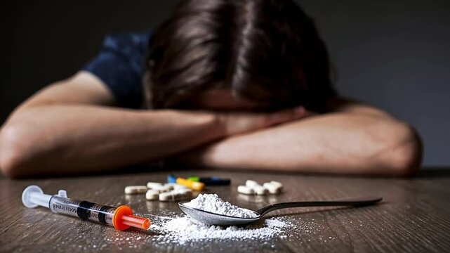 a depressed and dependent addict, in front of whom are several drugs.