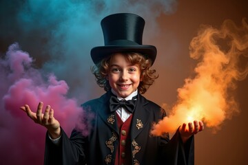 Cheerful young magician boy in black top hat and elegant suit performing colorful smoke trick with orange and purple clouds, perfect for magic shows, fantasy themes, entertainment events, dramatic ba