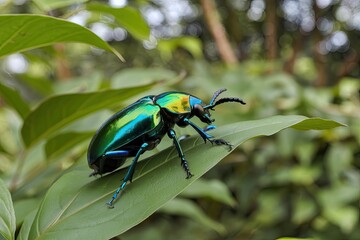 Fototapeta premium Vibrant Colors, Detailed Insect on Leaf, Lush Greenery, Natural Light, Shallow Depth of Field, High Resolution