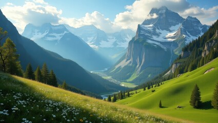 Obraz premium Majestic Mountain Valley with Snow-Capped Peaks, Lush Green Hills, and a Flowing River at Sunrise