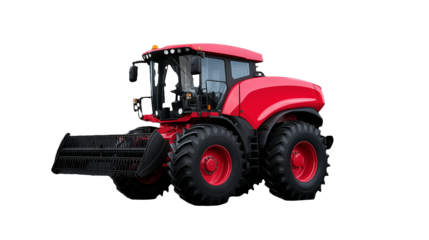 Red agricultural tractor with oversized tires and modern design on transparent background