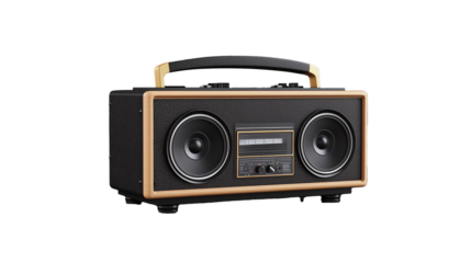 Vintage portable radio with wood accents and dual speakers on transparent background