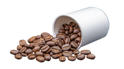 Coffee beans spilling from a white cup on transparent background