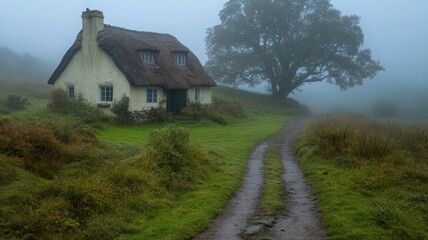 Obraz premium Foggy Hillside Cottage Near Glowing Tree