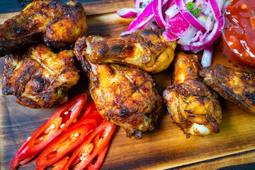Grilled chicken wings served with fresh vegetables on a wooden platter