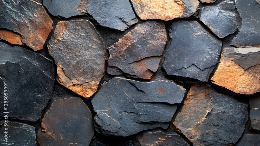 Poster close-up of a dark stone wall. irregularly shaped stones create a rustic texture. great for backgrou
