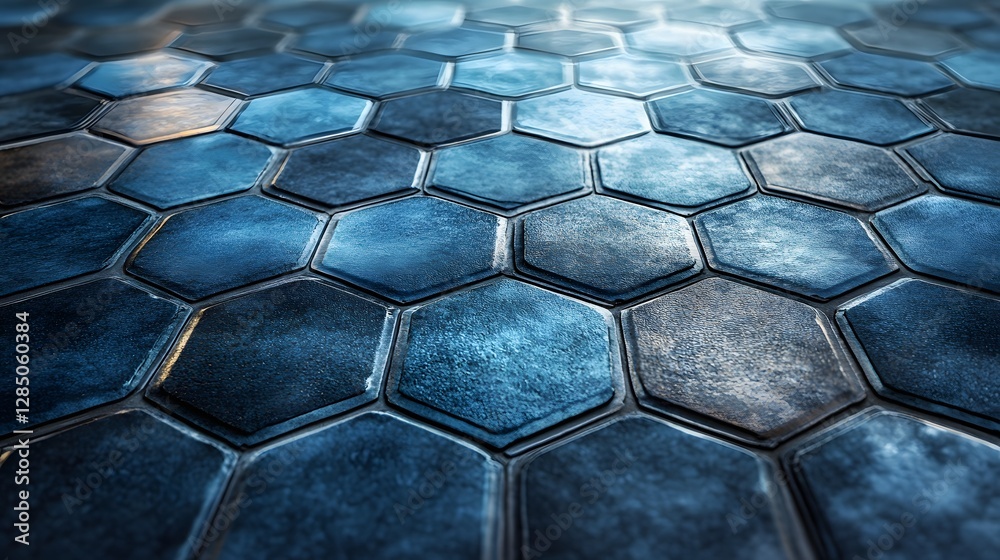 Poster Close-up view of a repeating hexagonal tile pattern, deep blue metallic texture. Abstract design. Abstract Hexagonal Pattern: Deep Blue Metallic Tiles