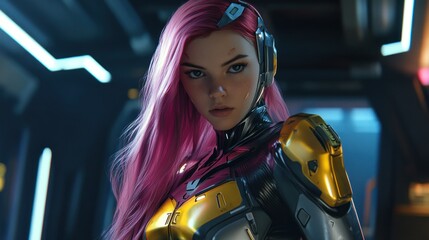 Futuristic female character in a sleek suit, showcasing advanced technology in a sci-fi setting