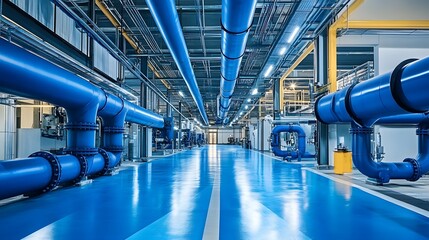 A large industrial building with blue pipes and a blue floor. The pipes are connected to a large tank