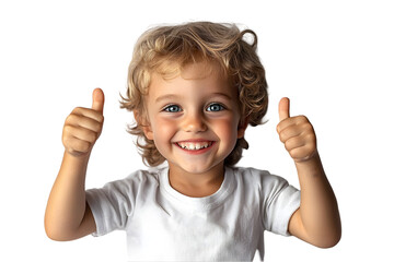 Happy smiling child giving thumbs up with curly blond hair in a bright, cheerful pose on a white background