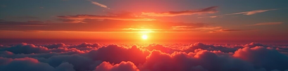 Naklejka premium A brilliant orange sun sinks slowly below a wispy cloud layer, serene landscape, clouds, sunsets