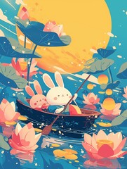 Adorable bunnies enjoying a serene boat ride amidst blooming lotus flowers under a warm sunset