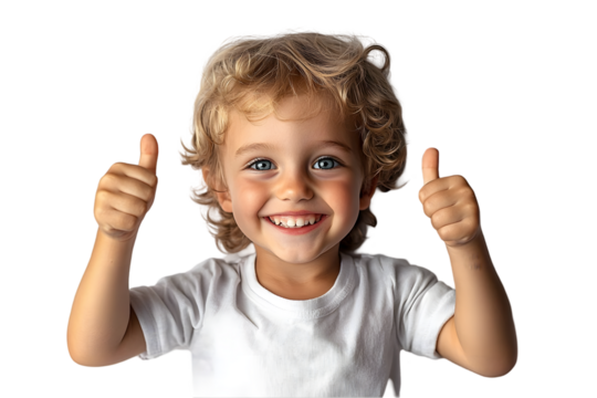Happy smiling child giving thumbs up with curly blond hair in a bright, cheerful pose on a white background