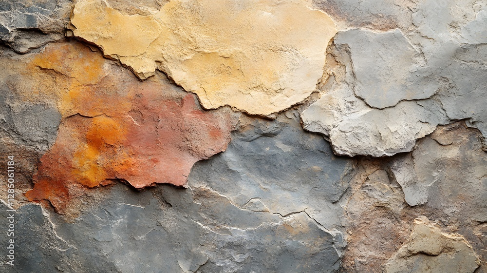 Poster close-up view of a textured stone wall with varied earthy tones, creating an abstract and natural ba