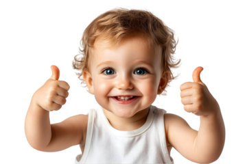 Happy baby giving thumbs up with joyful expression and bright blue eyes, celebrating positivity and innocence
