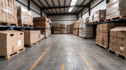 Warehouse interior, boxes stacked on pallets, logistics, storage