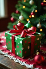 A Christmas gift box filled with colorful ornaments and decorations on a festive tablecloth, festive, ornaments