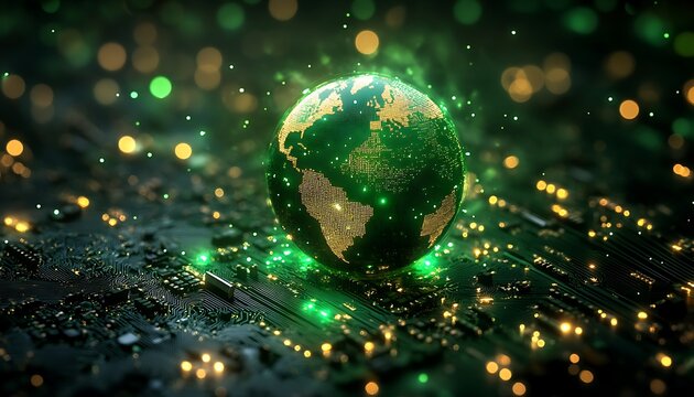 The glowing globe of the Earth sits on circuit board