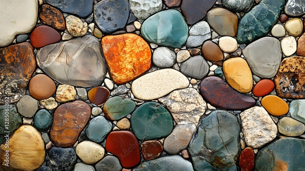 Poster a close-up shot showcasing a diverse array of polished stones in vibrant colors, forming a captivati