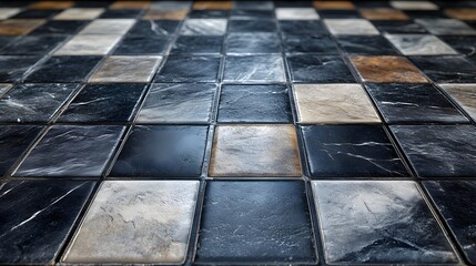 Close-up view of a luxurious checkerboard marble tile floor. The tiles are dark and light grey, brown and white. Elegant Checkerboard Marble Tile Floor: A Luxurious Design