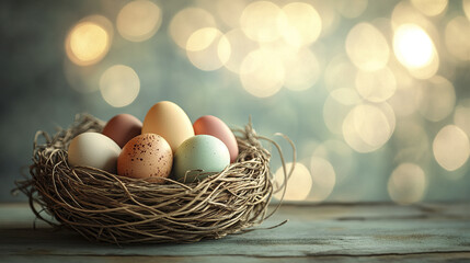 Obraz premium handwoven basket with colorful Easter eggs on rustic table