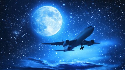 Airplane Silhouette Flying Under Full Moon and Starry Night Sky in Dreamy Blue Scene