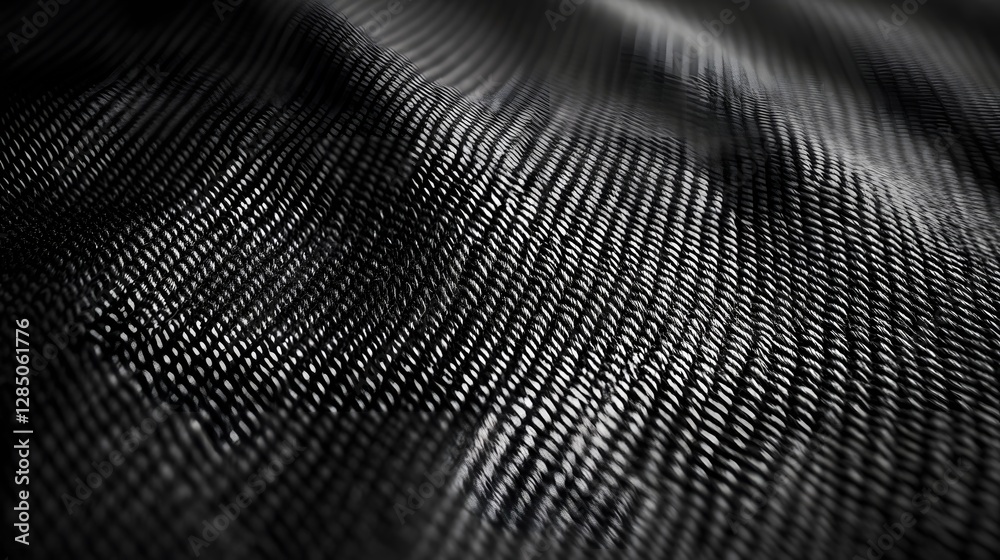 Poster Close-up view of a black fabric with wavy texture. Abstract background image. Abstract Black Fabric Texture: A Close-Up View of a Wavy, Textured Surface