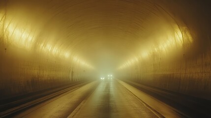 Mysterious Foggy Tunnel With Glowing Lights and Wet Roadway in Atmospheric Conditions