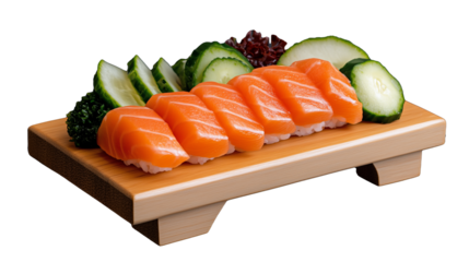 Fresh sushi platter with salmon and cucumber on a wooden board transparent background