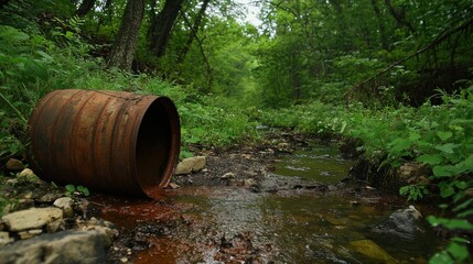 Fototapeta premium Rusty barrel in serene green forest with flowing stream and lush vegetation surrounding it