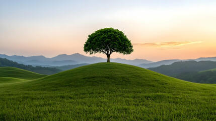 Solitary tree on hilltop at sunrise, scenic landscape background, nature peace