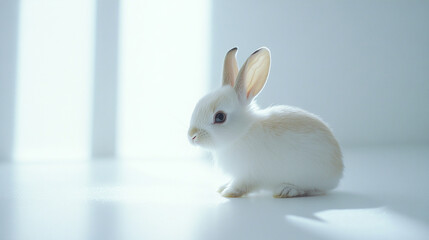 Obraz premium tiny rabbit sits in soft meadow with bright white background