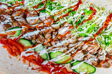 Freshly made wrap with chicken, vegetables, and sauces for lunch