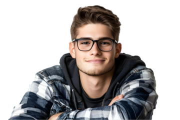 Young man with glasses smiling and posing casually in stylish denim jacket with plaid shirt, isolated on white background