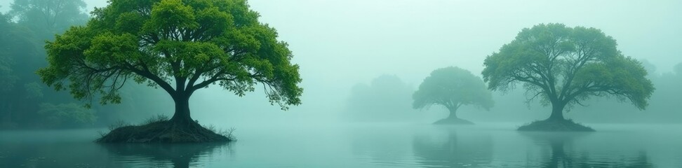 Mangrove trees swaying gently in the wind amidst misty fog, greenery, tree movements