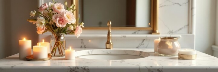 Marble tabletop with candles and fresh flowers, high end, bathroom, marble