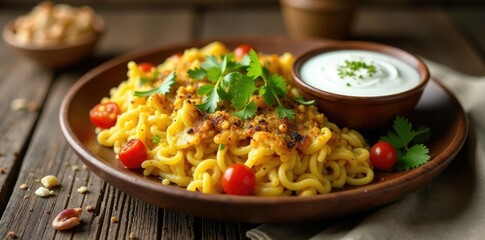 Mansaf dish served on a large wooden tray with a bowl of yogurt,, plate, wood