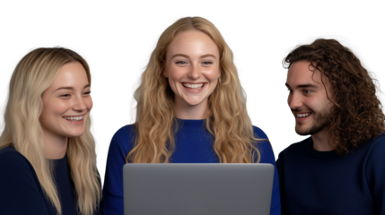 Group of Three Smiling People Using Laptop on Transparent Background