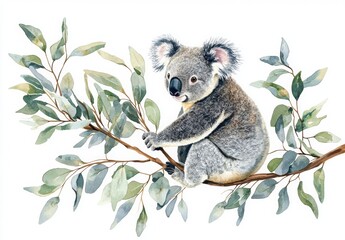 Realistic Watercolor Illustration of a Koala Sitting on a Branch