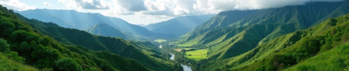 Obraz premium Rolling hills and valleys of Kualoa Mountain Range with a winding stream, foliage, elevation, valleys