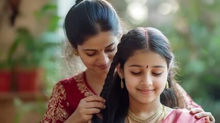 Obraz premium Sister Braiding Hair with Gentle Care and Affection on Happy Girl
