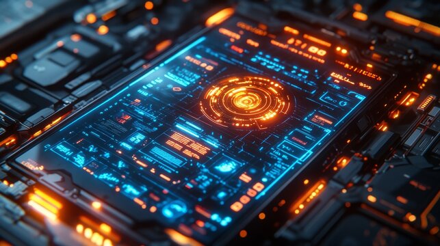Futuristic tech interface screen embedded in a circuit board, glowing orange and blue.