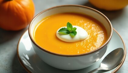 Velvety-smooth butternut squash soup served in a white ceramic bowl with a dollop of cr?me fra?che on top, topping, ceramic