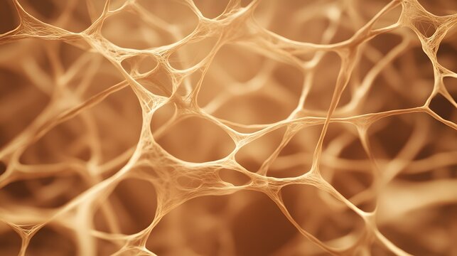The image shows a complex network of interconnected, thin, beige strands resembling a three-dimensional web or lattice structure.