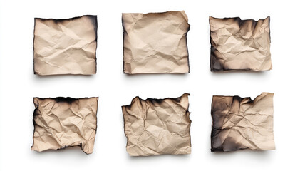 Set of burnt and crumpled paper sheets, isolated on a white background