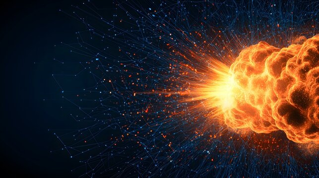 A vibrant explosion of fiery orange and yellow energy bursts forth, propelled by a complex network of glowing blue lines that emanate from its core.