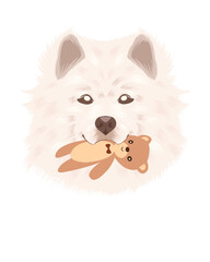 Samoyed Dog Biting a Plush Toy – Cute Pet Illustration