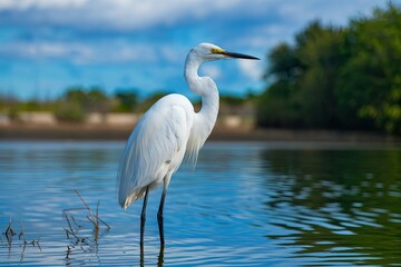 Fototapeta premium Pristine White Plumage & Tranquil Water Scene with Reflections, Serene Bird in Natural Habitat, Vivid Colors, Elegant Pose